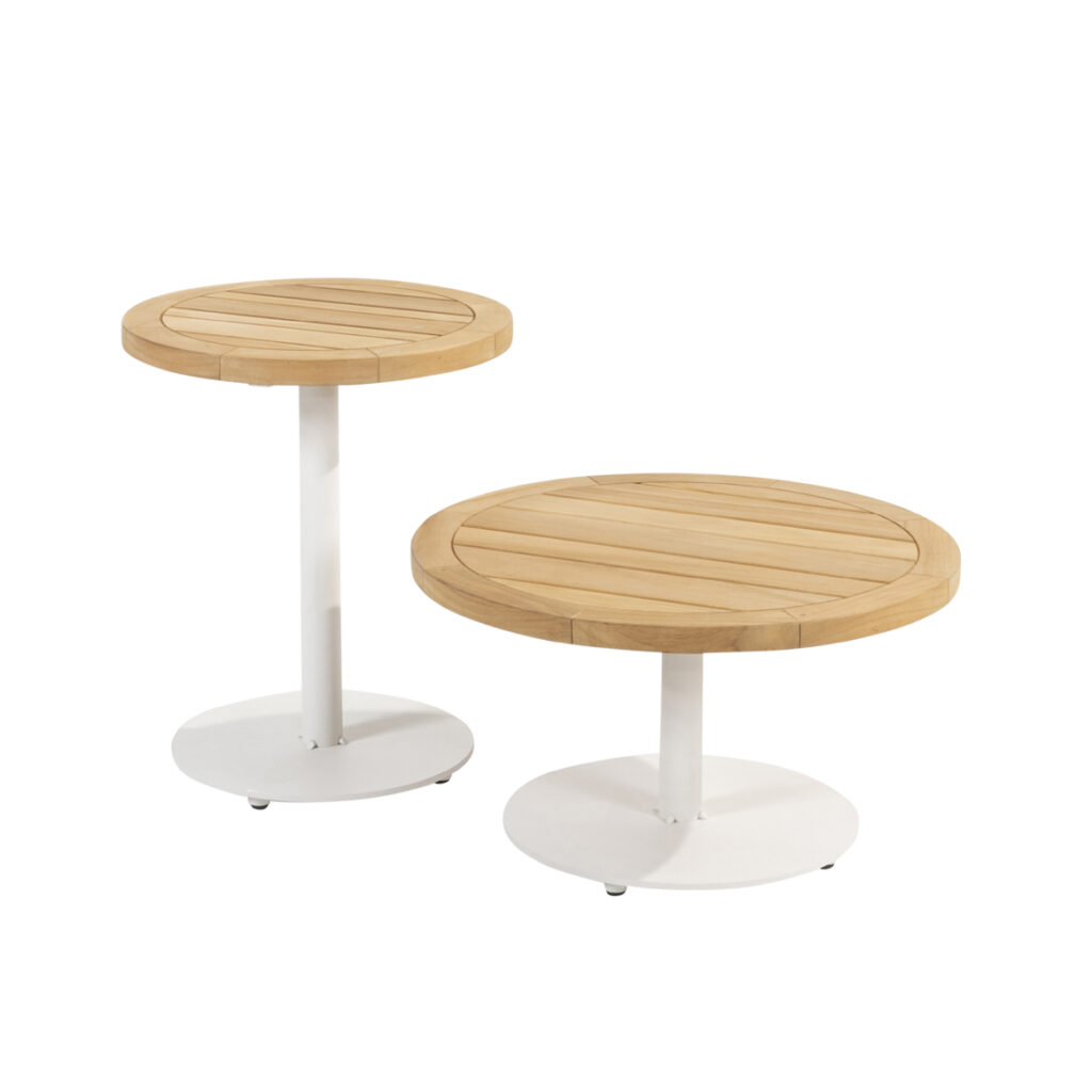 Seasons Outdoor Volta Koffietafel Met Witte Rvs Voet En Teak Blad