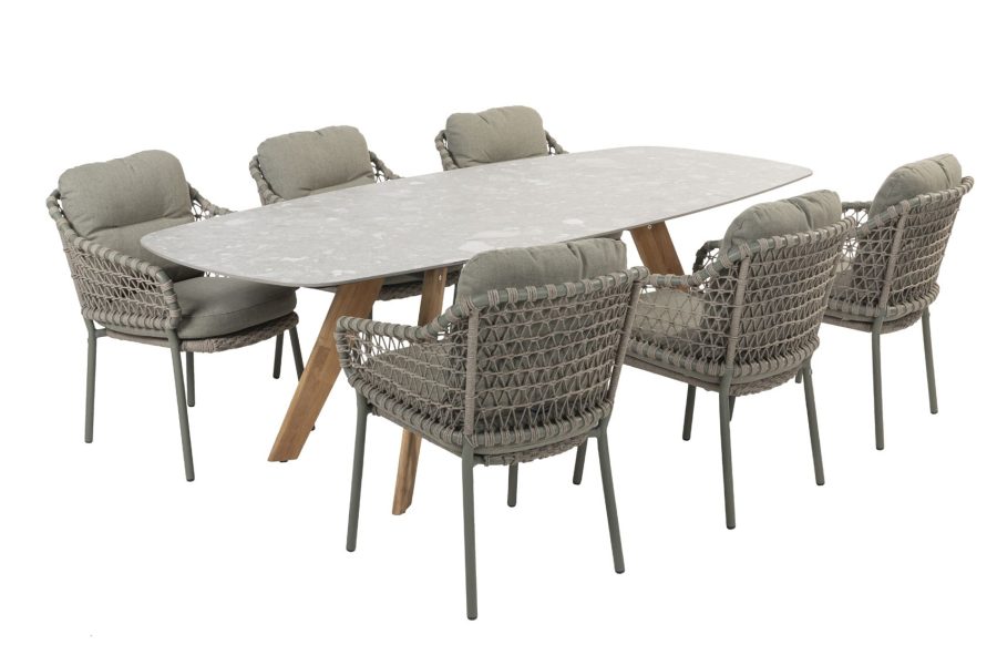 4 Seasons Outdoor Jura dining set olijfgroen met Montana tafel teak onderstel met keramisch blad