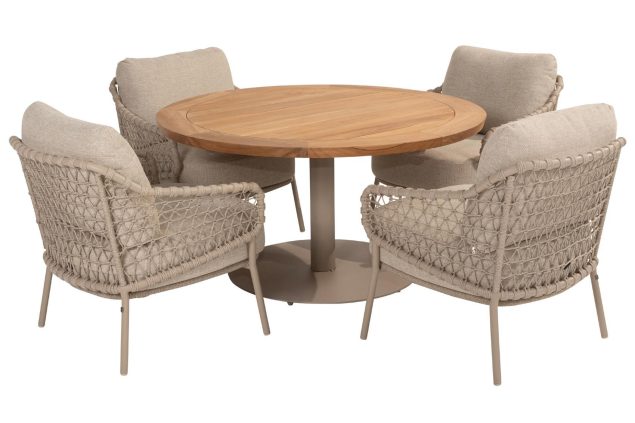 4 Seasons Outdoor Sardinia low tuinset latte met Saba tafel latte met teak blad Ø 130 cm