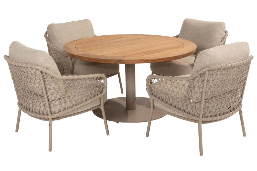 4 Seasons Outdoor Sardinia low dining set latte met Saba tafel met teak blad Ø 130 cm