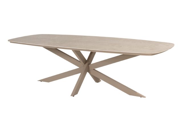 4 Seasons Outdoor Nevada low dining tafel latte met zandkleurig keramisch blad in barrelvorm 250 x 105 cm