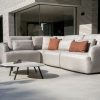 Flow Yavi L-loungebank Graumel chalk met RVS Vaya tafels met keramische tafelbladen Ø 65 cm en Ø 80 cm