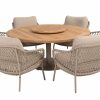 4 Seasons Outdoor Sardinia low dining set latte met Saba tafel latte met teak blad Ø 160 cm en Lazy Susan draaiplateau