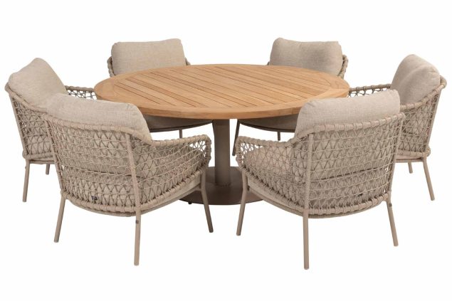 4 Seasons Outdoor Sardinia lowtuin set latte met Saba tafel latte met teak blad Ø 160 cm