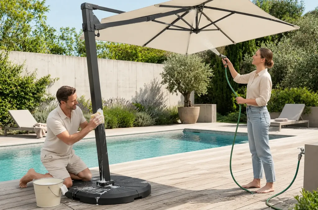 Het reinigen en onderhouden van een parasol is afhankelijk van de materialen.