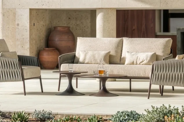 Suns Fiavè loungeset Bronze met Clouded rope en Pebble desert Bouclé + Nova loungetafels