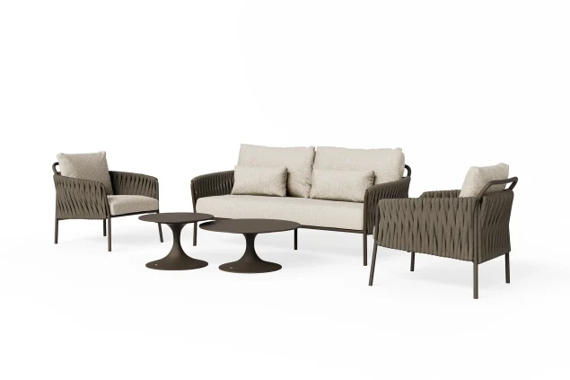 Suns Fiavè loungeset - Bronze frame met Clouded rope en Pebble desert Bouclé kussens + Nova loungetafels