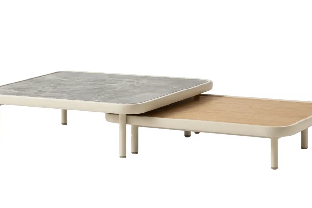 Tailor Santos set loungetafels Sand met geprint keramisch tafelblad en teak tafelblad