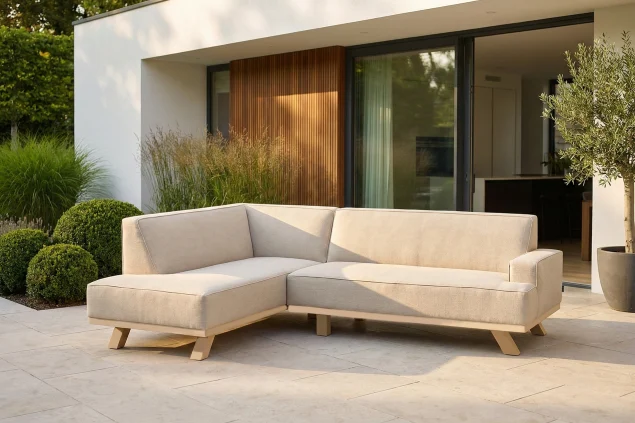 Flow. Quart chaise loungebank Tuscan Sand/Beige met lange zijde links