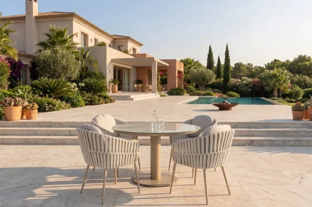 Taste by 4 Seasons Eva tuinset latte met Sarah tafel met geprint keramisch tafelblad Ø 120 cm