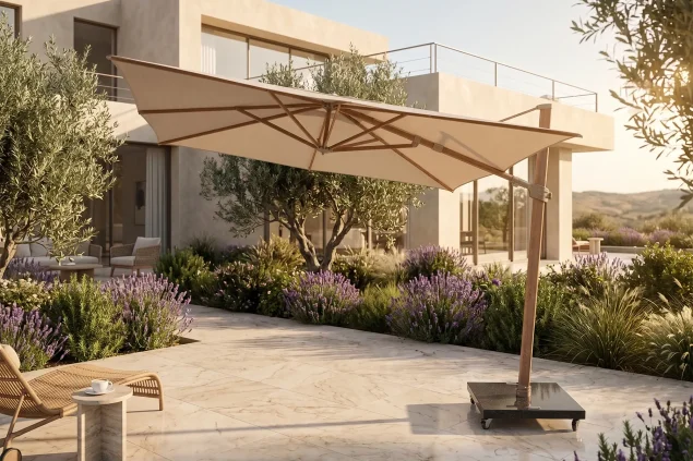 4 Seasons Outdoor Siesta PREMIUM parasol 300 x 300 cm zand, wood look frame