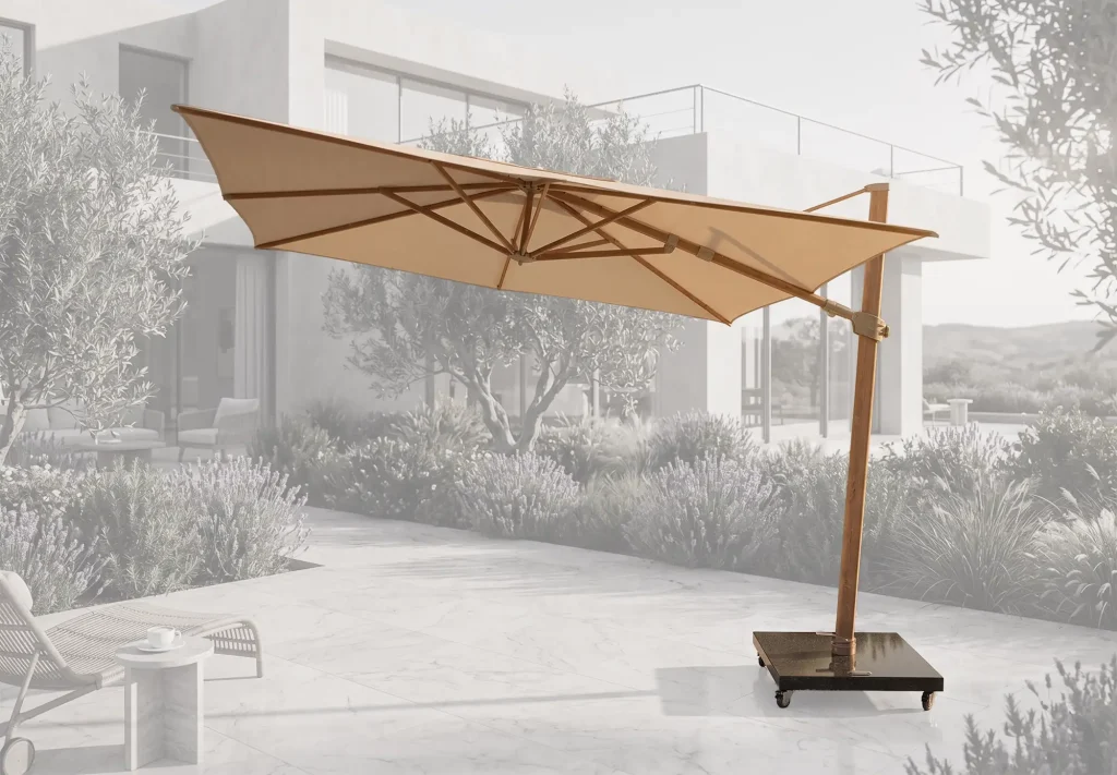 4 Seasons Outdoor Siesta PREMIUM parasol 300 x 300 cm zand, wood look frame met faded bg