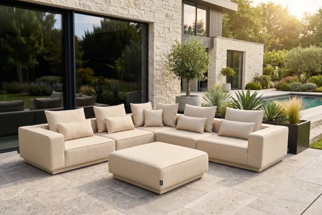 Flow Velora hoek loungebank Tuscan Sand met beige kussens